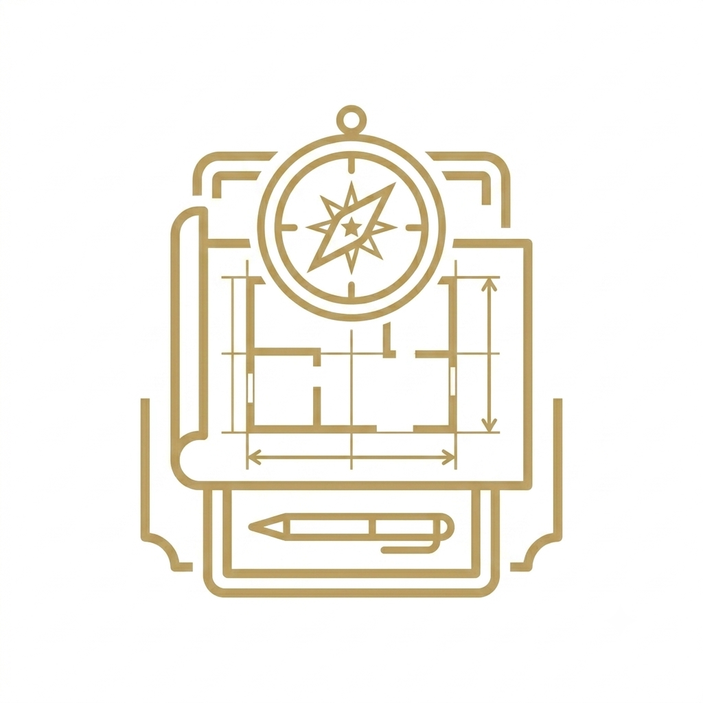 Architectural blueprint with compass and pen icon in gold lines
