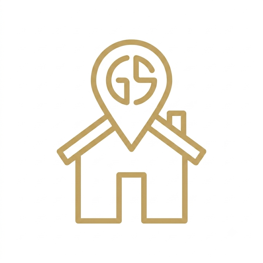 Outline of a house with a location pin icon on its roof