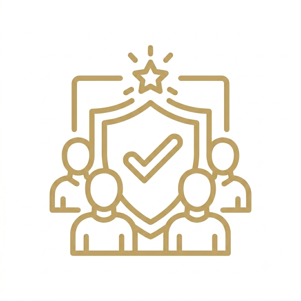 Gold line art icon of a shield with a checkmark and five people.